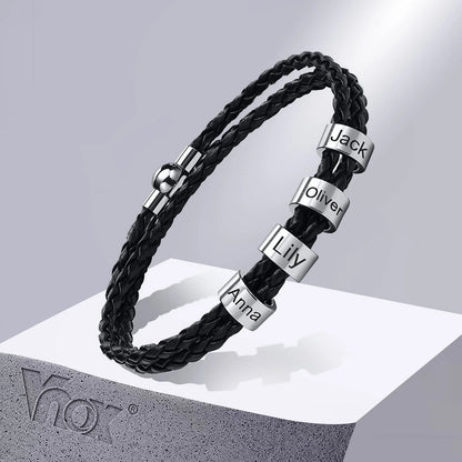 Vnox Free Custom Name Mens Braided Genuine Leather Bracelet Gifts Jewelry,Stainless Steel Beads Charm with Family Names,Dad Gift