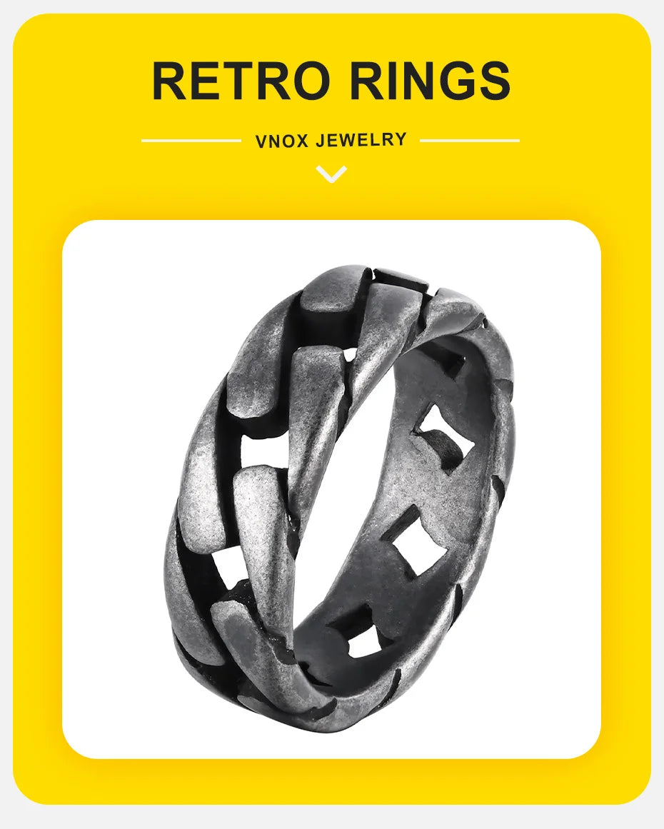Vnox Men Vintage Oxidized Stainless Steel Rings, Links Shaped Finger Band, Punk Rock Male Alliance