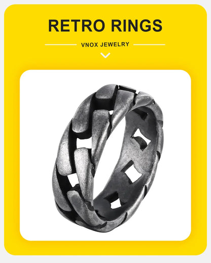 Vnox Men Vintage Oxidized Stainless Steel Rings, Links Shaped Finger Band, Punk Rock Male Alliance