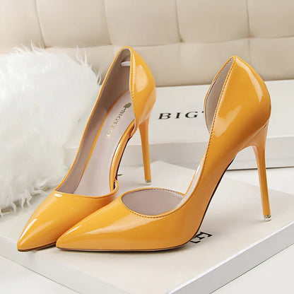 Women 7.5cm 10.5cm High Heels Yellow Pumps Office Stiletto Wedding Bridal Scarpins Short Heels Lady Hollow Party Shoes