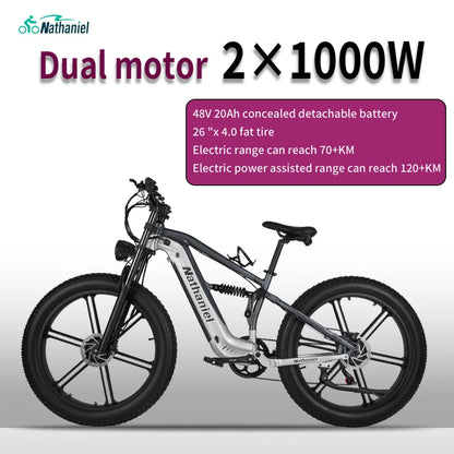 Nathaniel SYR09 adult electric bike, Dual motor 2000W,26*4.0Fat tires,48V20Ah,55KM/H, All terrain off-road E-bike