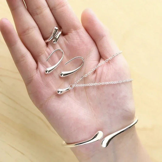 Ladies' Fashion Tear Bead Jewelry Set Gold Ring Necklace Bracelet Earring Four Piece Set Suitable For Engagement Jewelry Gifts