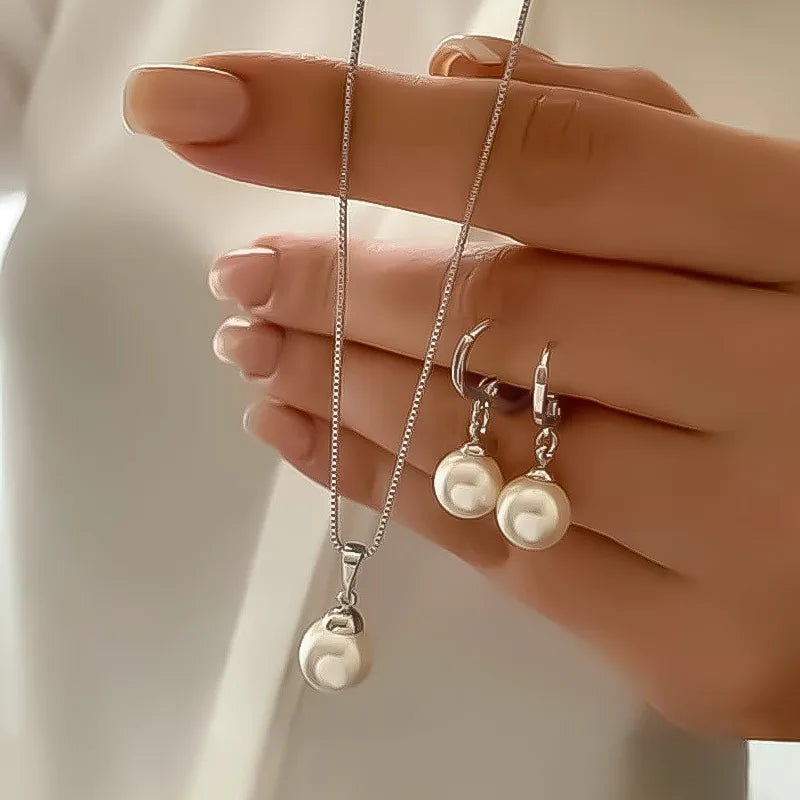 New Round Pearl Jewelry Set Of Earring Pendant Necklace For Women Exquisite Fashion Wedding Jewelry Set Gift