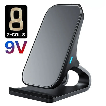 Wireless Charger Mount 10W 7.5W 5W Qi Fast Charging Pad Case Friendly with Dual Coils Anti-Slip Rubber Type C Input