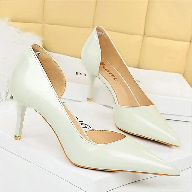 Women 7.5cm 10.5cm High Heels Yellow Pumps Office Stiletto Wedding Bridal Scarpins Short Heels Lady Hollow Party Shoes