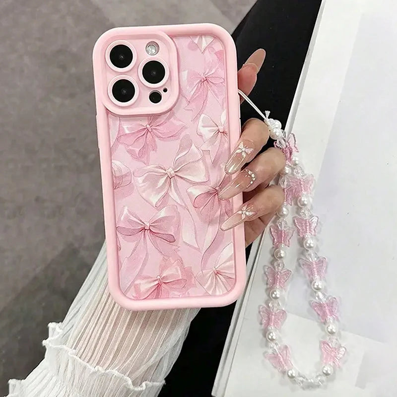 Pink Bow Pattern Silicone Phone Case For iPhone 16 17 Pro Max 15 14 13 12 11 Pro Max 16E X XS XR 7 8 Plus Butterfly Charm Cover