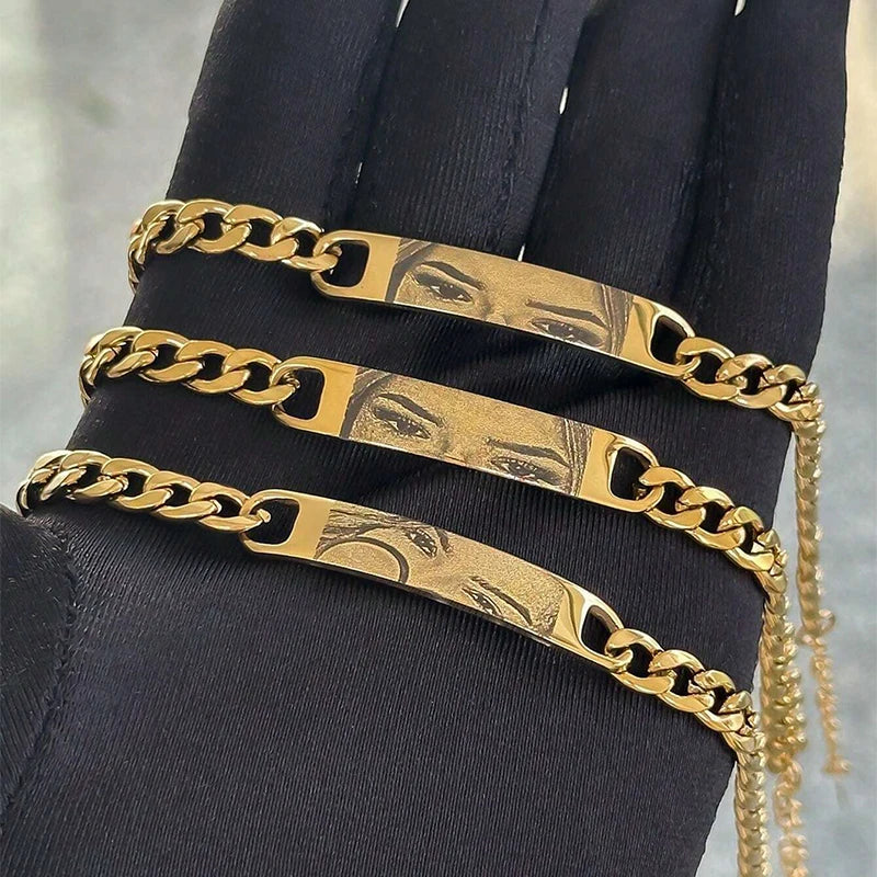 Customized Photo Engraved Couple Bracelet Personalized Laser Engraved Eye Picture On Stainless Steel Chain Jewelry Couples Gifts