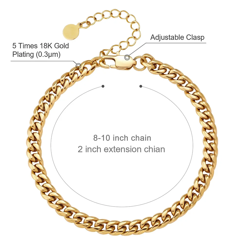 Hip Hop Stainless Steel 18K Plated Gold Anklet Cuban Link Chain For Women Gift Bling