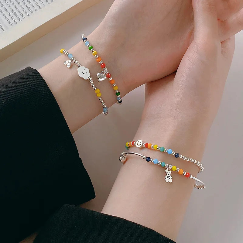 925 Sterling Silver Bracelet Wholesale Colored Hand Beads Smiling Face Rainbow Cloud Love Little Bear Beads Handicraft Gift