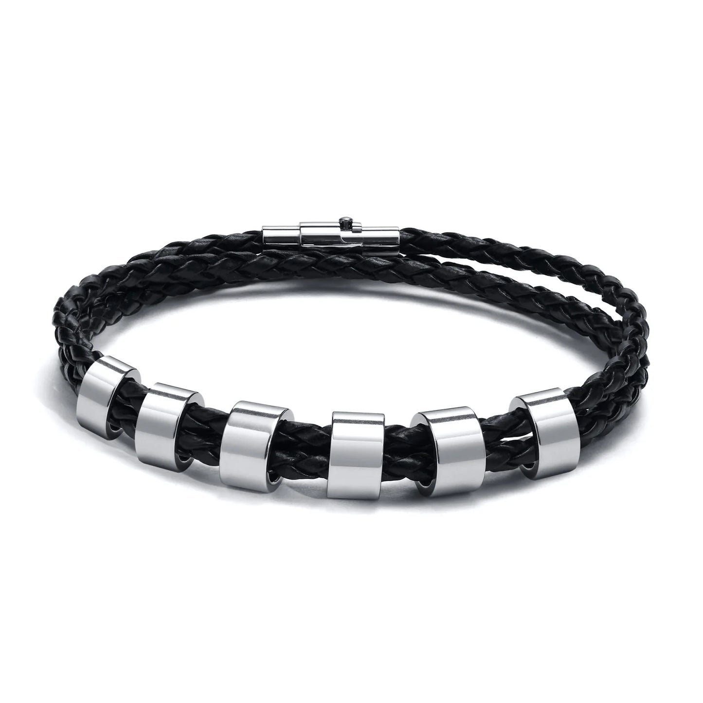 Vnox Free Custom Name Mens Braided Genuine Leather Bracelet Gifts Jewelry,Stainless Steel Beads Charm with Family Names,Dad Gift