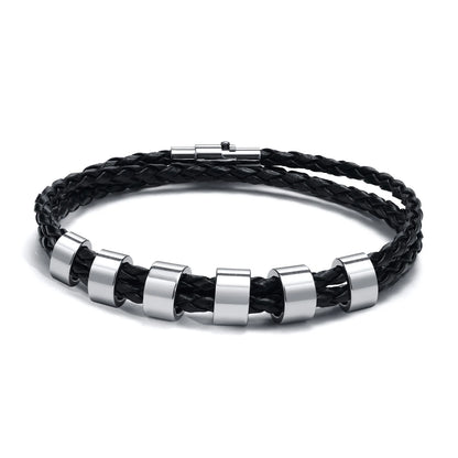 Vnox Free Custom Name Mens Braided Genuine Leather Bracelet Gifts Jewelry,Stainless Steel Beads Charm with Family Names,Dad Gift