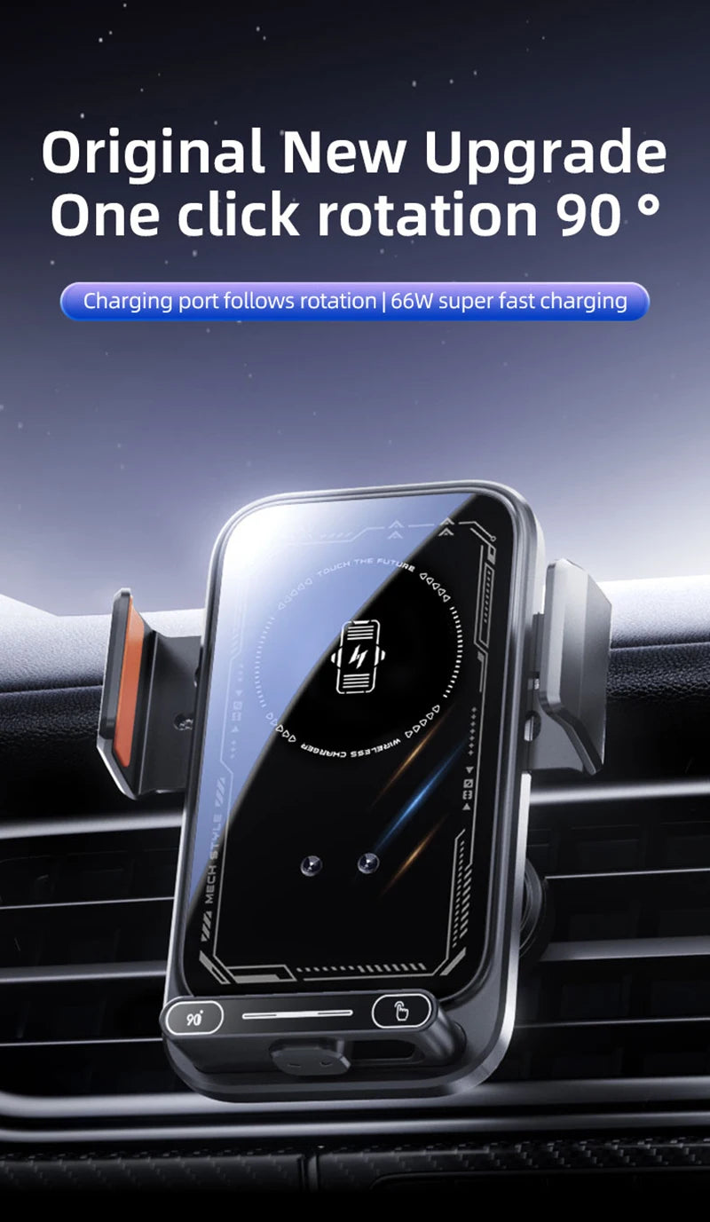 Car Phone Charger Phone Holder 66W Wireless & Wired Charger Auto Sensing One-Touch Release and Rotation Qi FCC ROHS Certified