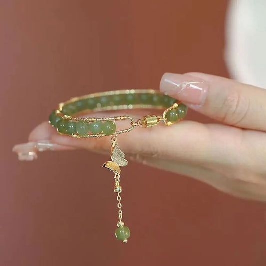Round Jade Beaded Bracelet For Women Magnetic Bangle Butterfly Pendant Hand Chain Girls Exquisite Emerald Jewelry Birthday Gift