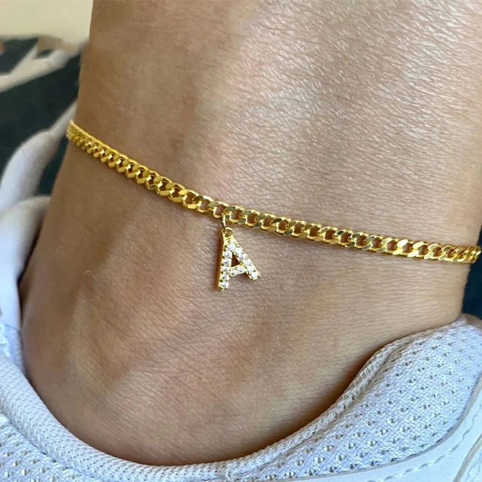 eManco Personalized DIY Accessories Stainless Steel Zirconia Alphabet Customized Women's Anklets Gold-plated Jewelry Wholesale