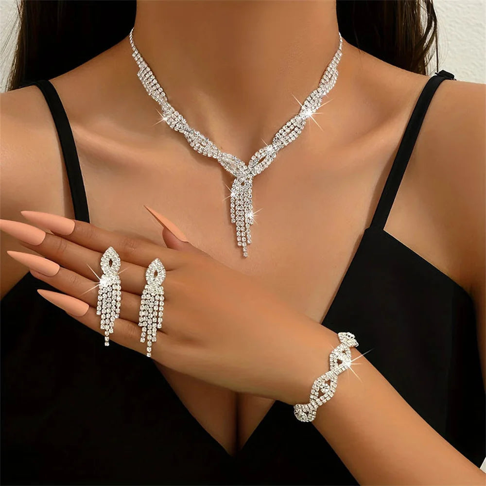 Elegant Women's Jewelry Set Rhinestone Tassel V-Necklace Earrings Zircon Bracelet Bridal Wedding Accessories Party Gift