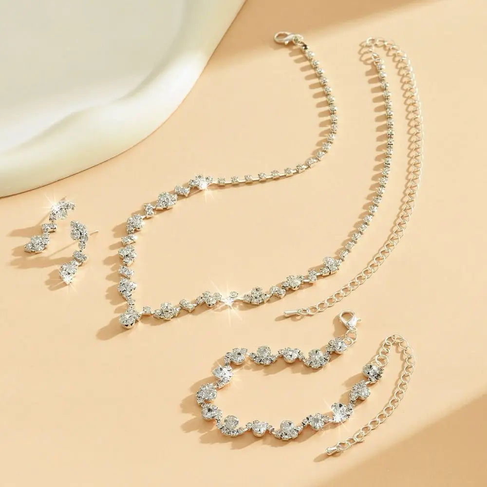 Bridal Shining Crystal Jewelry Set Rhinestone Exquisite Earrings Bracelet Diamond Necklace Women