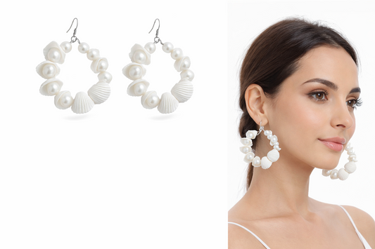 White Seashell and Pearl Hoop Earrings