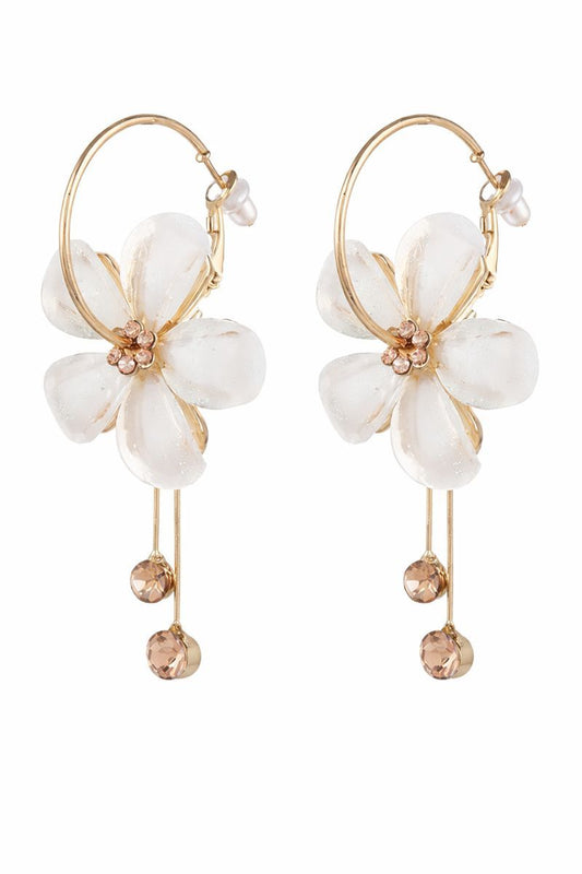 White Floral Hoop Earrings with Crystal Tassels