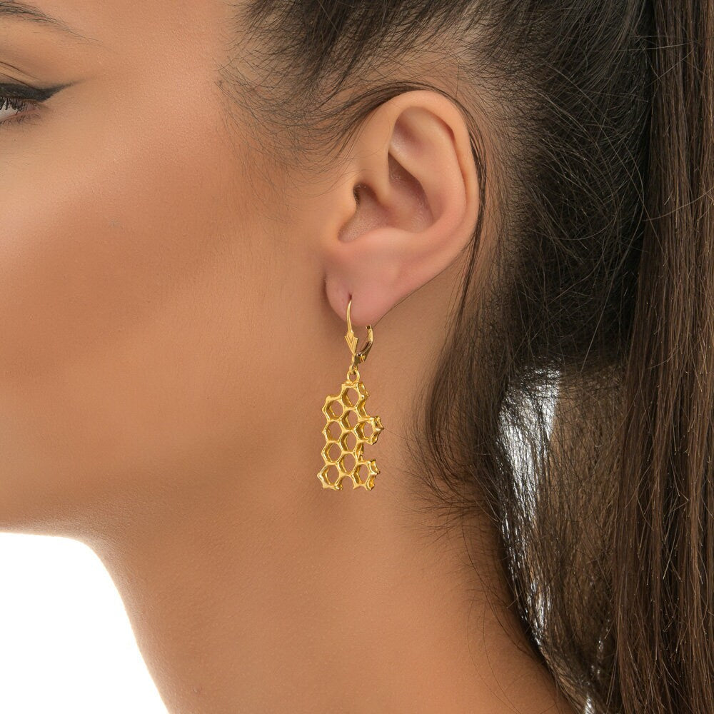 Honeycomb Earrings – Gold Plated Sterling Silver Statement Jewelry